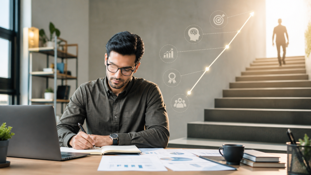 Professional working at a desk with career growth icons and an upward staircase, representing skill building and long-term career development.