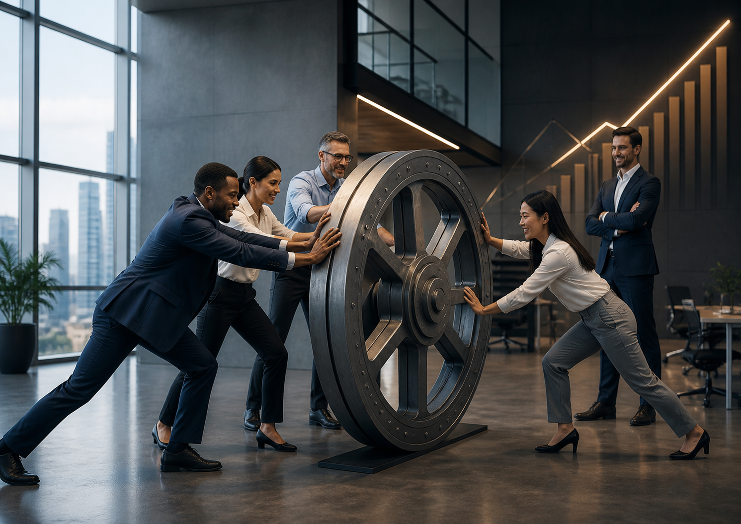 Business team pushing a large flywheel in a modern office, symbolizing disciplined leadership, teamwork, and long-term growth.