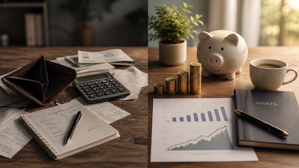 Personal finance concept showing bills, an empty wallet, coins, a piggy bank, and an assets notebook representing Rich Dad Poor Dad money lessons.