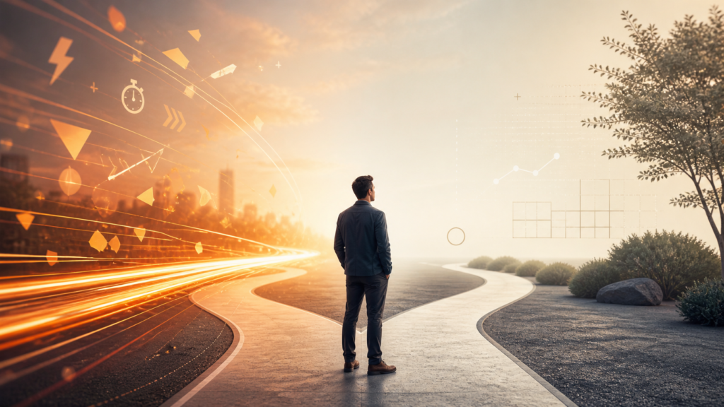 A person stands at a forked path between fast-moving light trails and a calm route, symbolizing intuitive and analytical thinking.