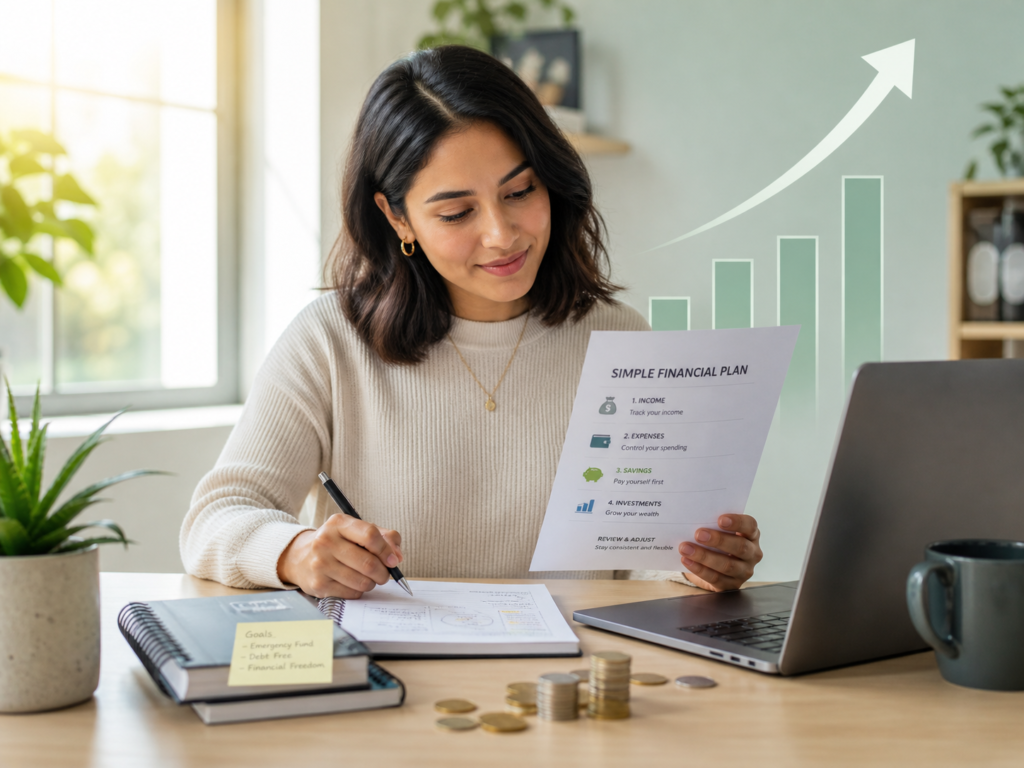 Young professional reviewing a simple financial plan at a desk with a laptop, notebooks, coins, and upward growth graphics.
