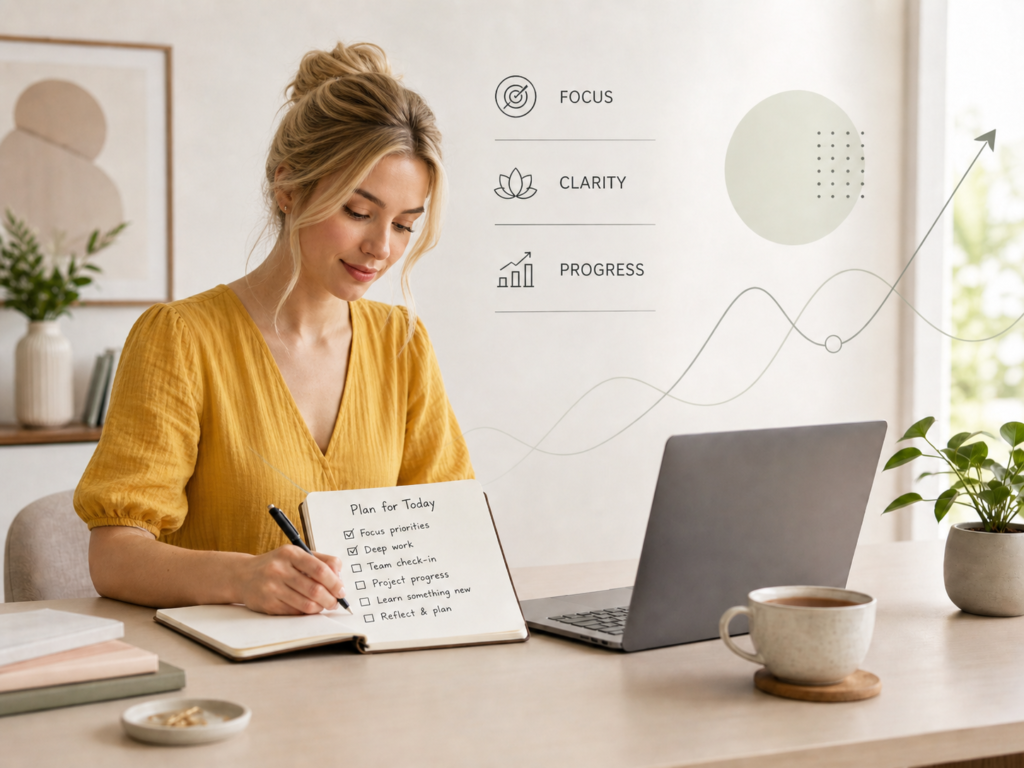 Blonde woman in a yellow dress planning a focused workday at a calm modern desk with a laptop, notebook, tea cup, and progress graphics.